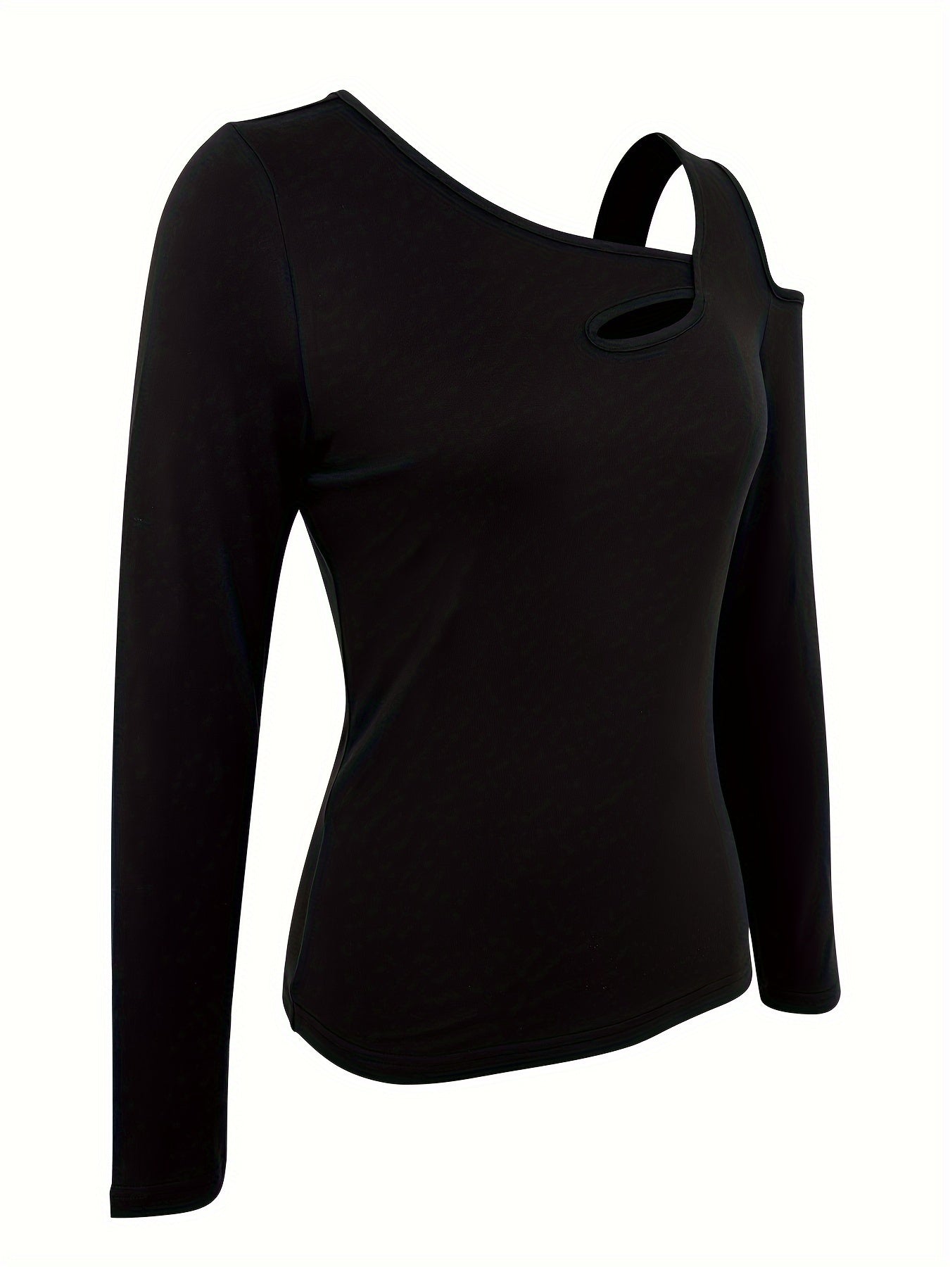 Cold Shoulder Cut Out Asymmetrical T-shirt, Chic Long Sleeve Top For Spring & Fall, Women's Clothing