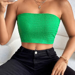 Solid Shirred Tube Crop Top, Casual Summer Sleeveless Top, Women's Clothing