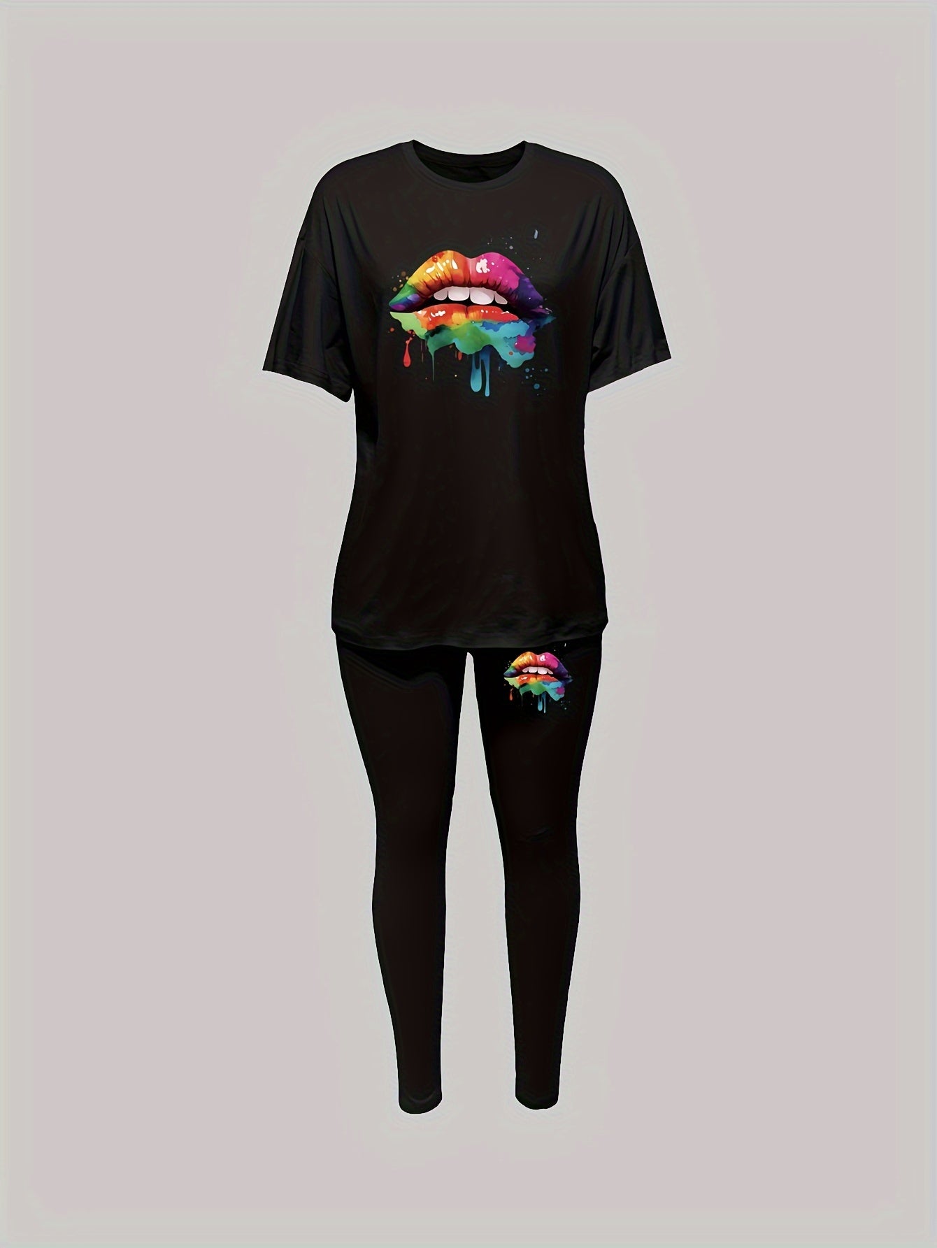two piece Women's Two-Piece Lip Print Set: Short Sleeve T-Shirt & Leggings Outfit