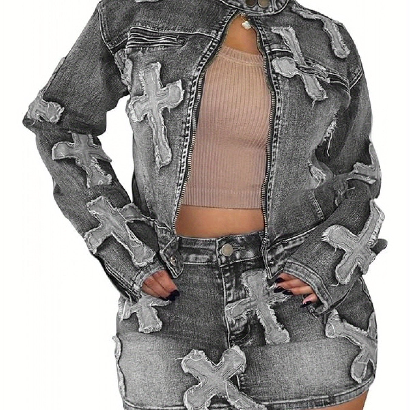 Denim Skirt Set 2pcs Denim Skirt Set for Women Y2K Long Sleeve Zipper Jean Jacket Top Mini Skirt Bodycon Set Two Piece Outfits Long Sleeve Zip Up Jacket Top And Matching Mini Skirt with Pockets