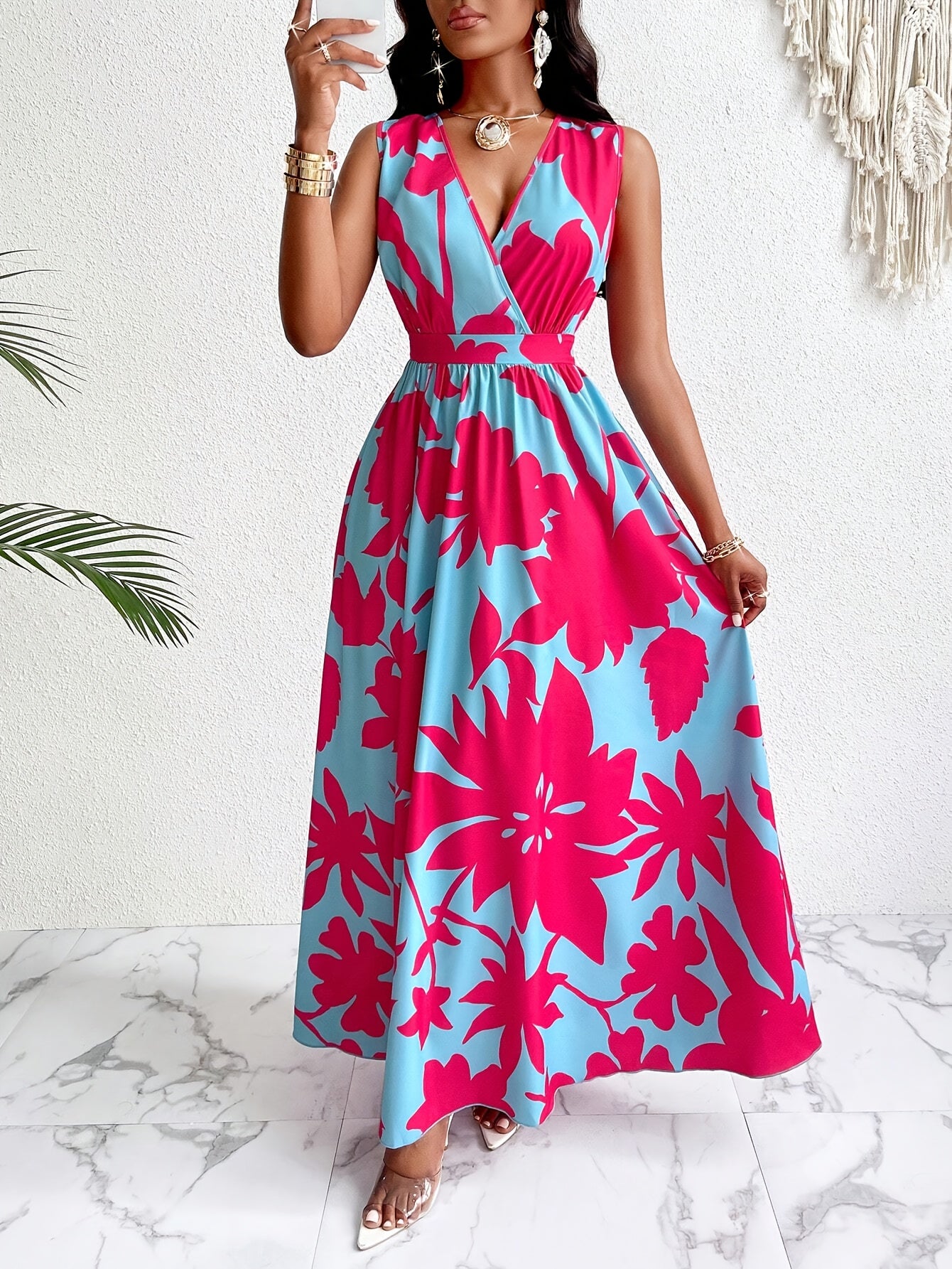 Women's Tropical Print V-Neck Flared Maxi Dress with Cinched Waist - Vibrant Red & Blue Floral Design, A-Line Silhouette, Polyester Fabric, Perfect for Vacation or Casual Outings, Vacation Wear|Flowing Skirt Style|Smooth Glos