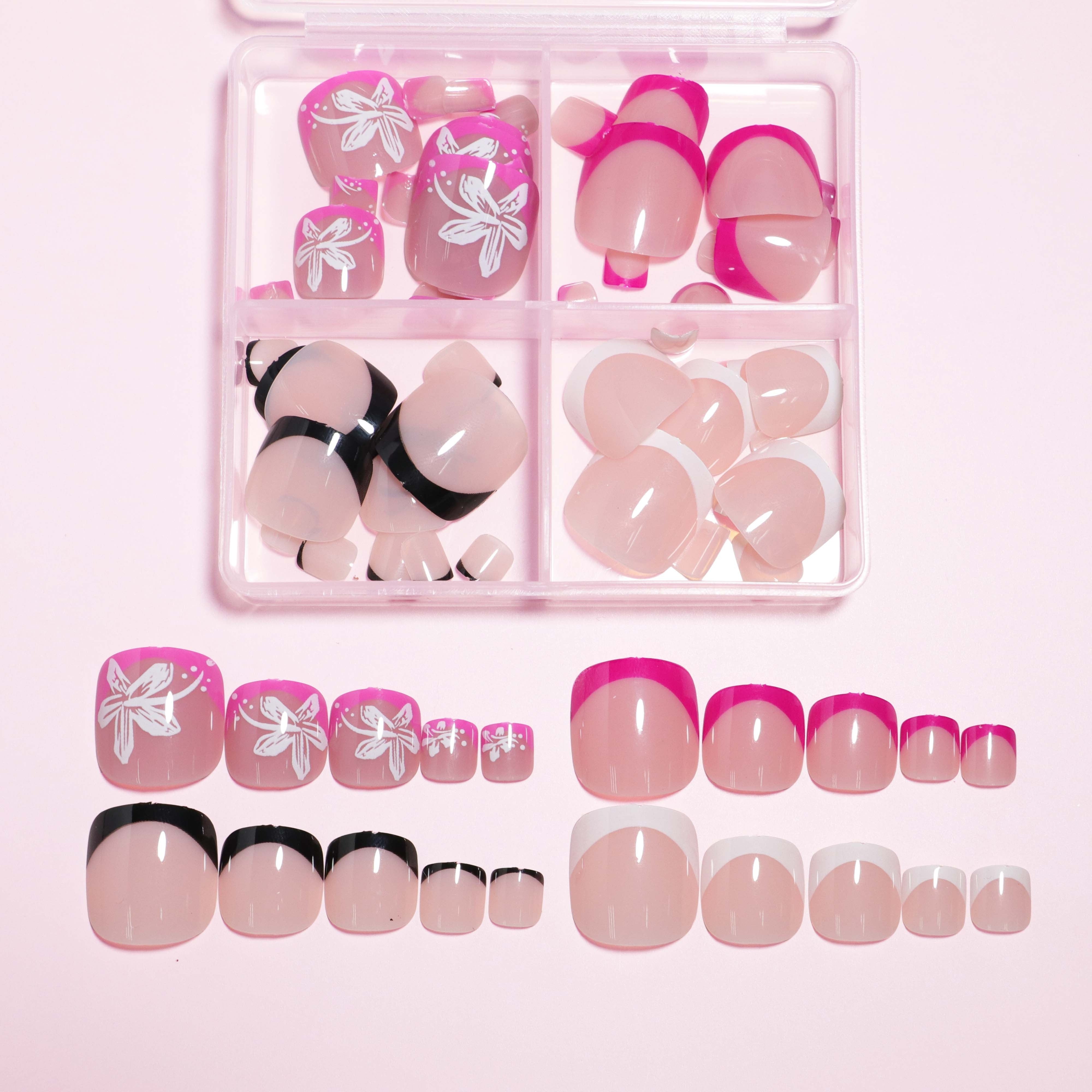 96pcs Pink Tones Short Square Press-On Toenails - Glossy Flower Patterned Fake Toe Nails with Reusable Storage Box for Women And Girls, French Design Summer Nail Art Kit |Bride Nails |Wedding Nails
