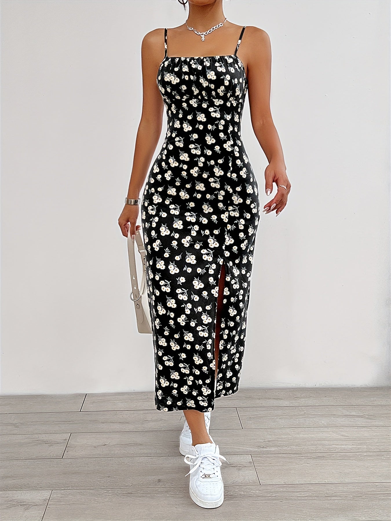 Floral Print Split Hem Cami Dress - Elegant Sleeveless Spaghetti Strap Dress For Spring & Summer - Women's Clothing - For Women - Perfect for Casual & Party Occasions - Ideal Gift for Her