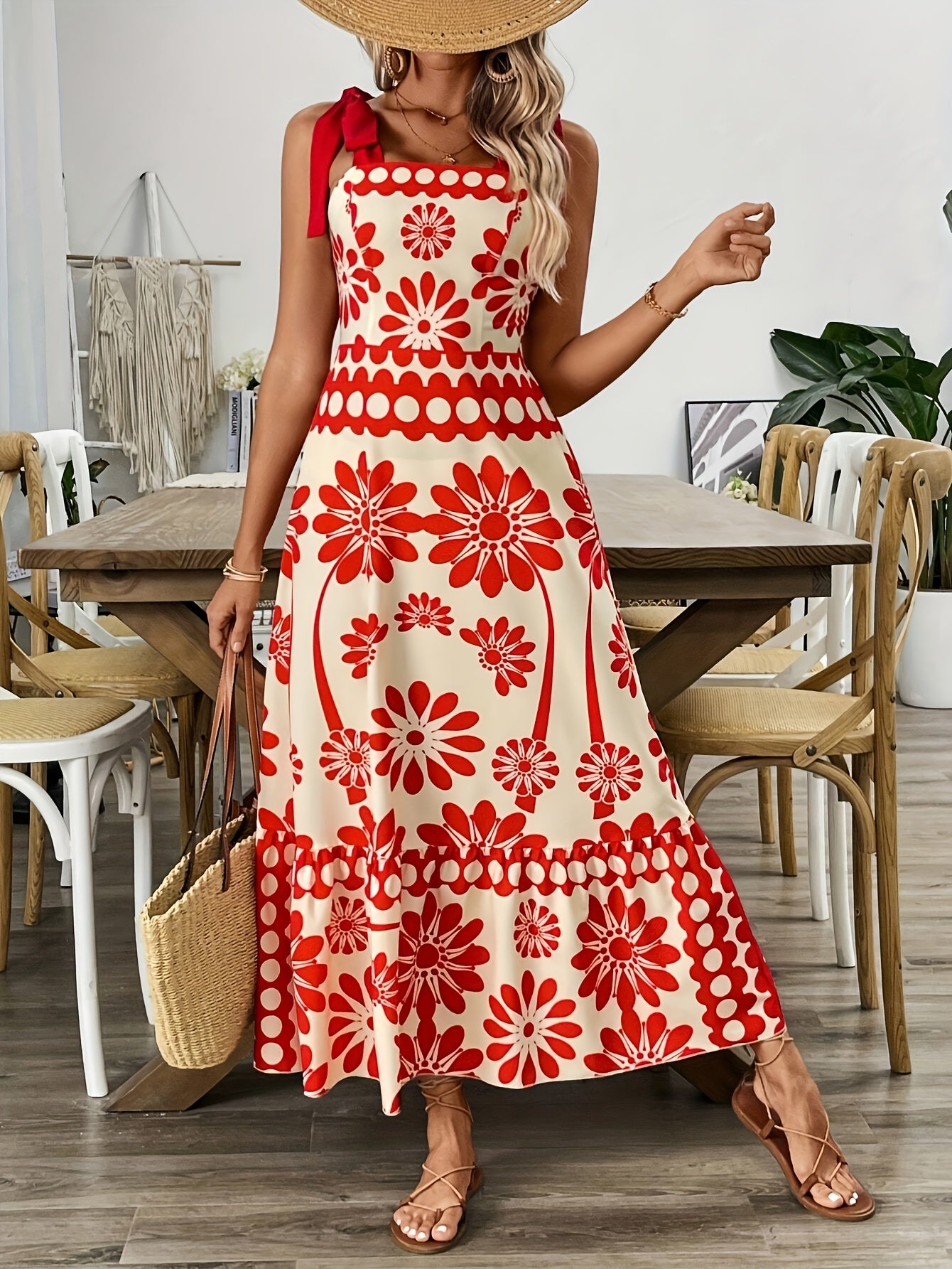 Women's Vintage Floral Print Lace Shoulder Hollow Waist A-Line Maxi Dress - Breathable Lightweight Fabric for Spring Summer Casual & Formal Events, Lace Summer Dress, Evening Event Attire, Nontransparent Material