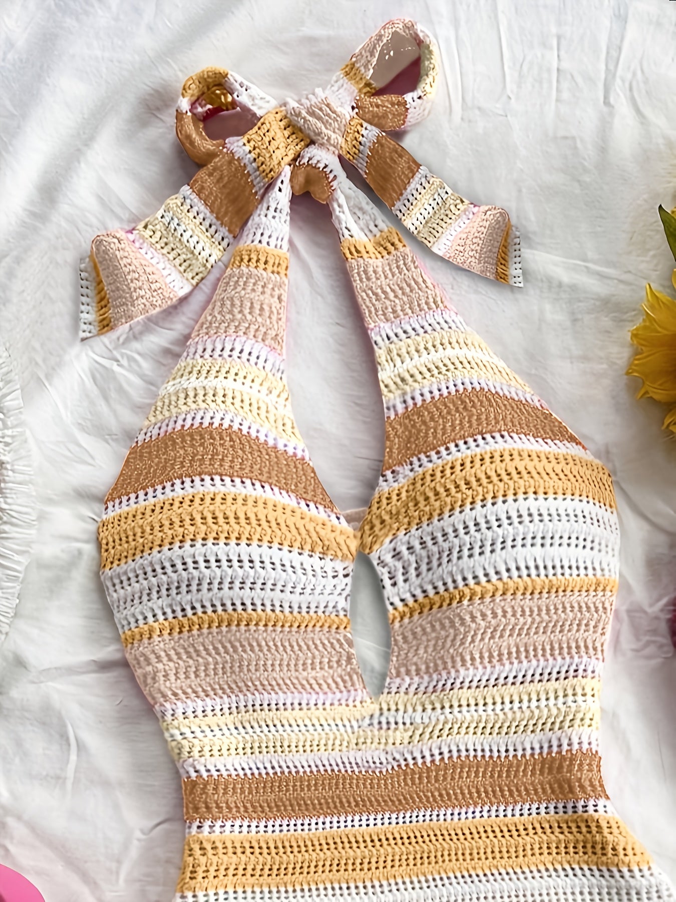 Women's Elegant Halter Neck Back-Tie Knit Dress - Multi-Color Striped Semi-Sheer Wrap Dress with Adjustable Straps & Lace Trim, Beach Vacation Resort Wear, Beach Dress