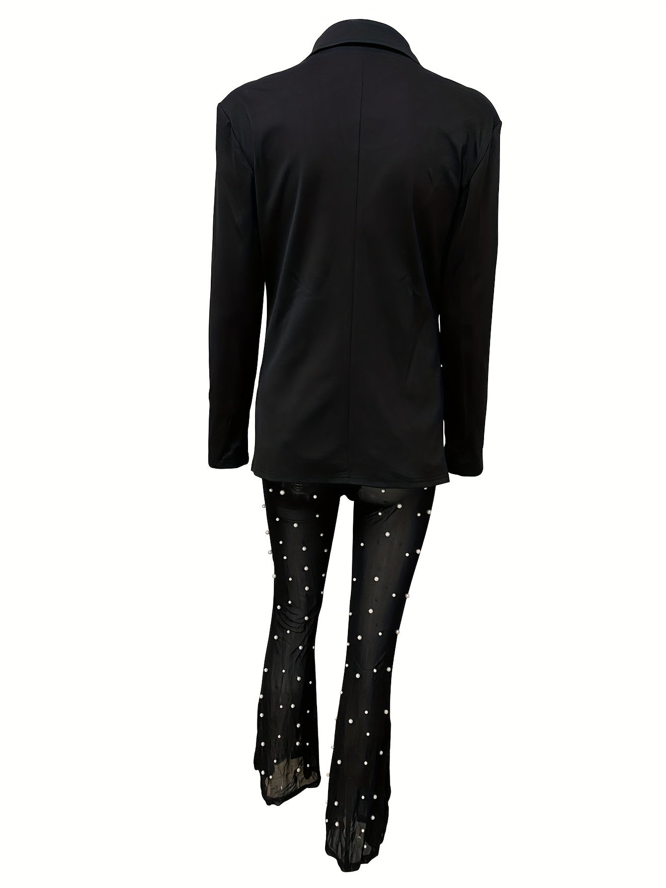 [Home Relaxation] Black Polka Dot Sheer Pantsuit with V-Neck Blazer - Sexy Polyester & Elastane Blend Women's Suit for All Seasons, Machine Washable