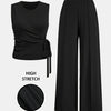 Elegant Women's Sleeveless Ribbed Top & Wide-Leg Pants Set – Bow Detail, Stretchy Knit Two-Piece Outfit for Spring/Summer