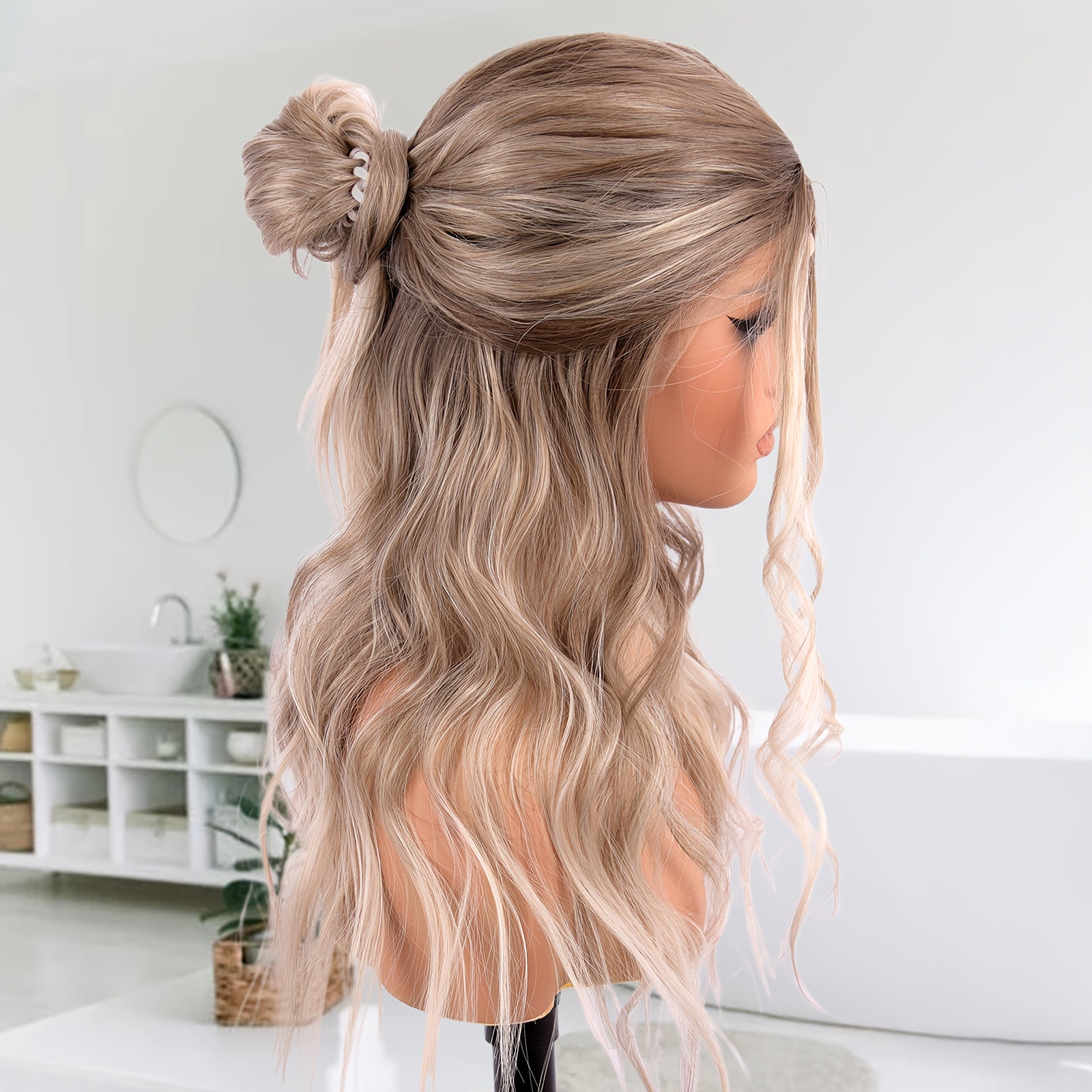 Realistic Glueless Lace Front Wig for Women - Brown Rooted Ash Blonde Body Wave 20" Shoulder Length, 130% Density Synthetic Hair with 13x4x1 Lace Area, Middle Part Elegant Unisex Wig for All Ethnicities, Versatile Hairpiece |