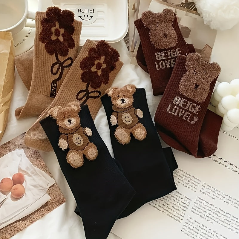 3 Pairs Of Cartoon Bear Print Socks, Comfortable And Cute Mid-calf Socks, Women's Stockings And Socks