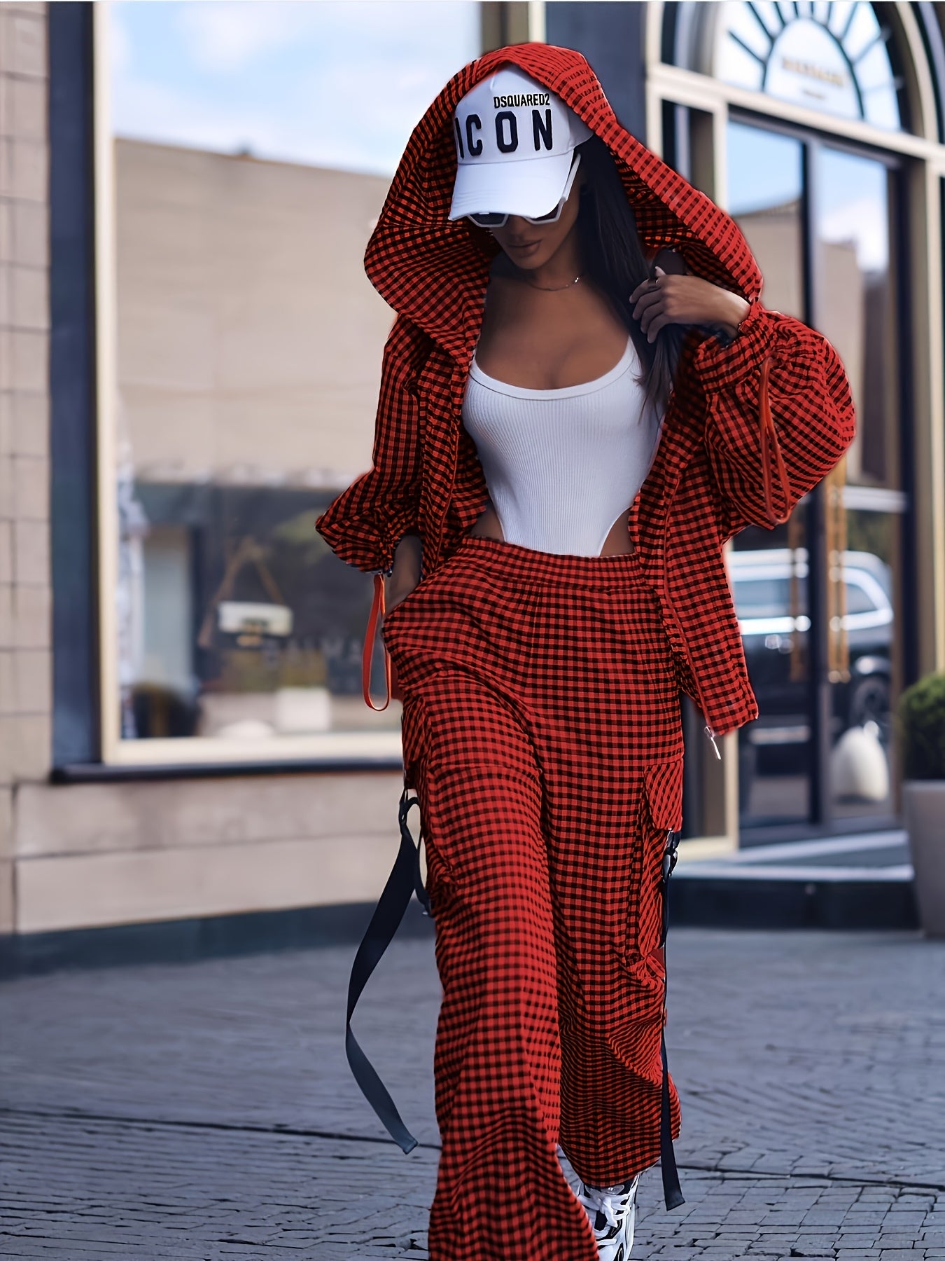 Women'S Casual Gingham Pantsuit with Lapel Collar and Zipper Details, 100% Polyester Woven Fabric, for Fall/Winter