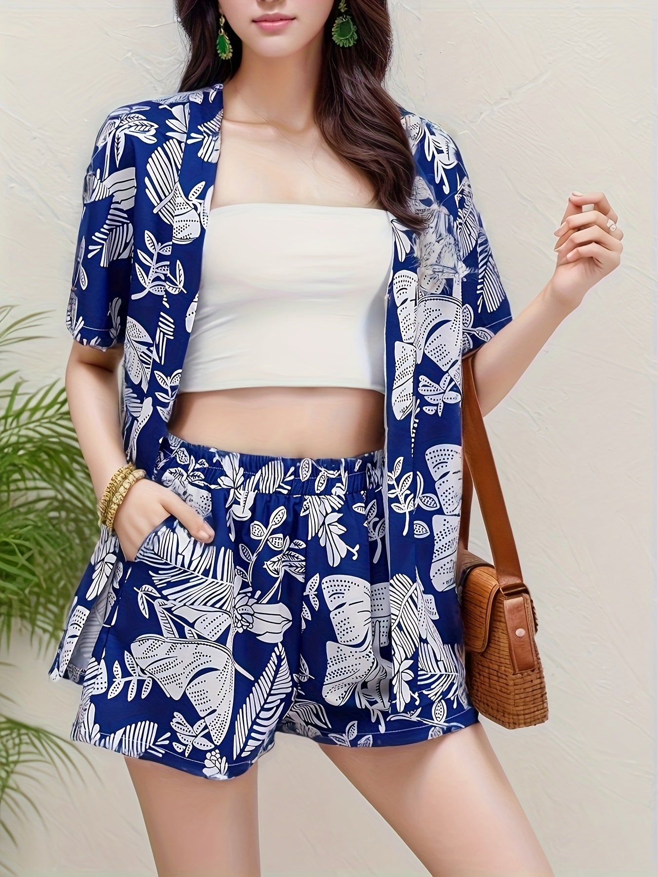 Women'S Tropical Print Sleeveless Kimono & Shorts Set - Vibrant Floral & Fish Design, White & Orange, Perfect for Spring/Summer, Beach Attire|Tropical Print|Shorts
