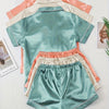 3 Sets of Satin Color D Pajamas, Solid Color Casual Set, Short Sleeve Collar Button Top and Bow Shorts, Women's Pajamas and Loungewear