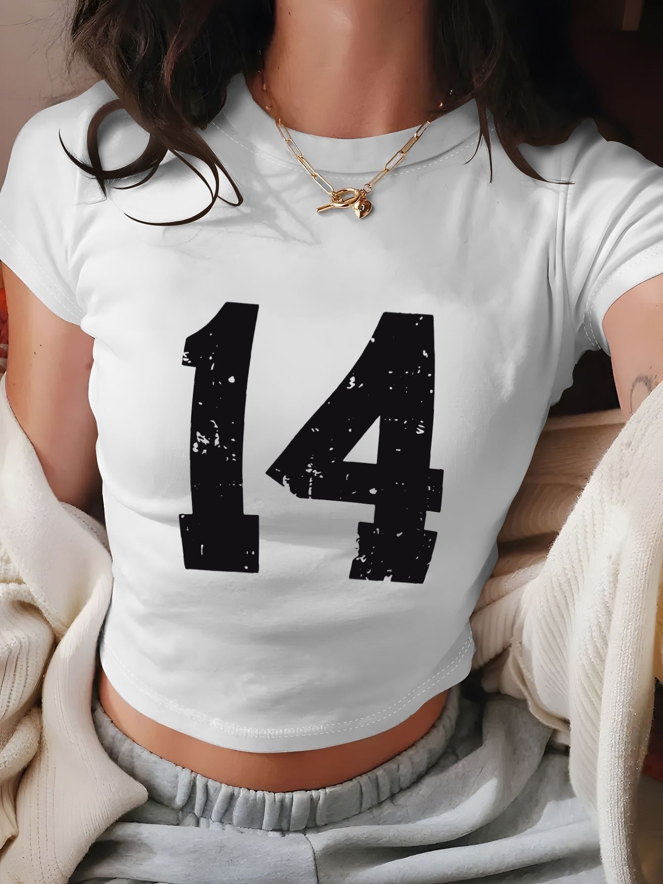 Women's Y2K Geometric Number 14 Print Crop T-Shirt - Soft Casual Top, Light Yellow with White Numerals, Spring Summer Versatile Tee, Distressed Style, Machine Washable Fabric, Comfortable Fit