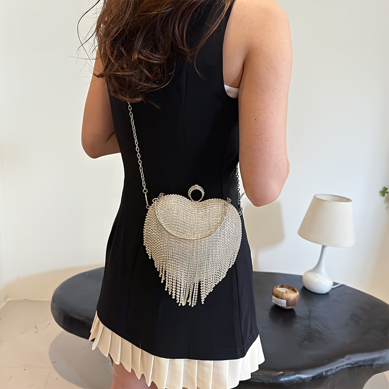 Elegant Heart-Shaped Rhinestone Evening Clutch with Tassel, Lightweight Acrylic Party Handbag with Removable Strap, Buckle Closure, Rayon Lined, No Pattern Design for Valentine'S Day