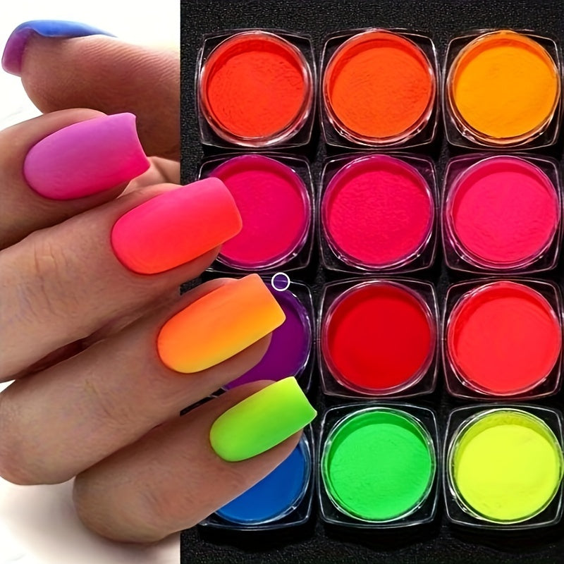 12 Colors Neon Fluorescent Powder Fluorescent Nail Glitter Set Shiny Dark Chrome Powder DIY Gel Polishing Nail Art Decoration