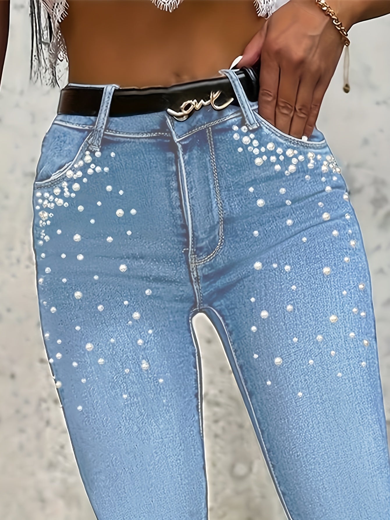 Fashionable High Waisted Slim Fit Casual Women'S Jeans, Adorned With Artificial Pearl Craftsmanship, Light Blue, Fashionable Street Tight Pants