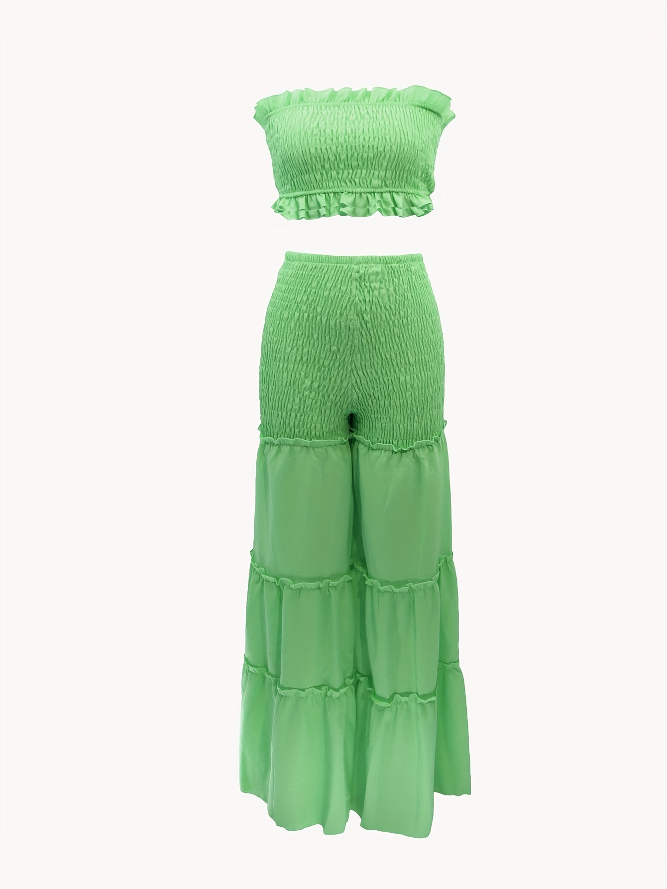 Elegant V-Neck High-Waist Wide Leg Two-Piece Set with Ruched Detail - Sexy Corset & Strapless Top, Polyester Blend, Perfect for Spring/Summer, Chic Outfit|Vneck Top|Polyester Blend