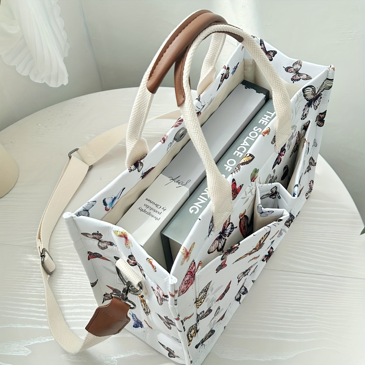 Butterfly Tote Bag For Women Canvas Patched Purse Cute Shoulder Bag Multi-Pocket Satchel Handbag For Work Books Travel, Bag Only