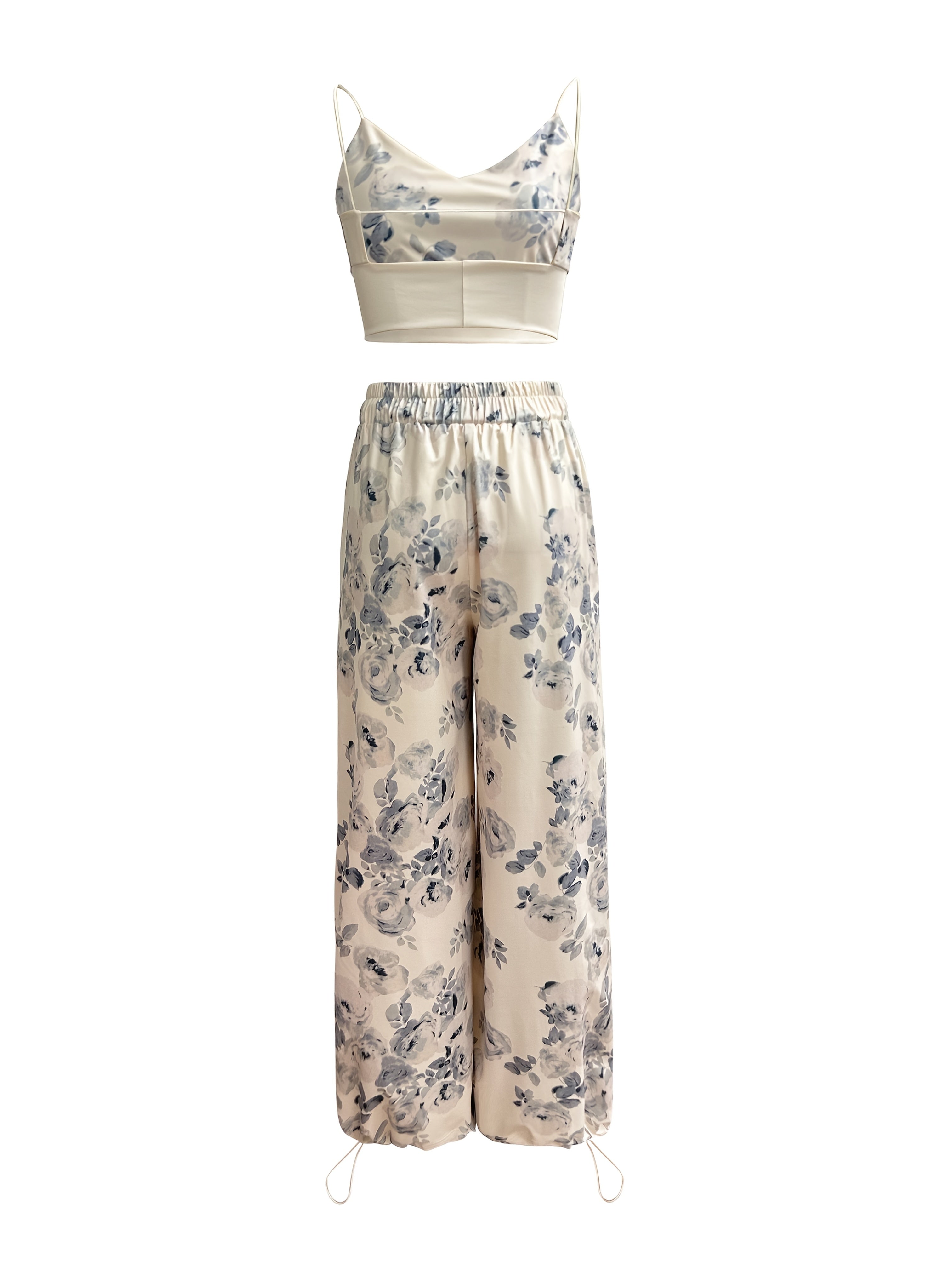 Comfortable Wear) Women's Floral Print Polyester Spandex Blend V-Neck Crop Top and Drawstring Waist Pants Set, Casual Vacation Style, Woven Fabric, for All Seasons