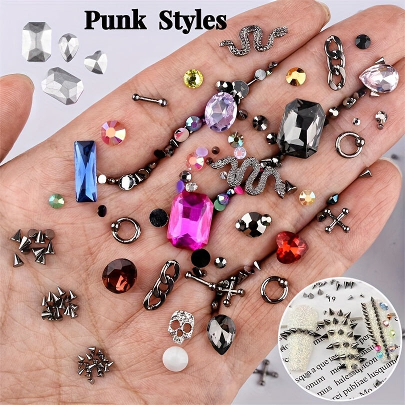 300 Pieces Of Y2K Black Golden Silvery Punk Cone Rivet 3D Golden Skull Cross Chain Snake Pattern Retro Alloy Golden Nail Pendant Glass Pointed Bottom Gem Resin Water Drill Female Girl Golden Nail DIY Nail Art Decoration Set