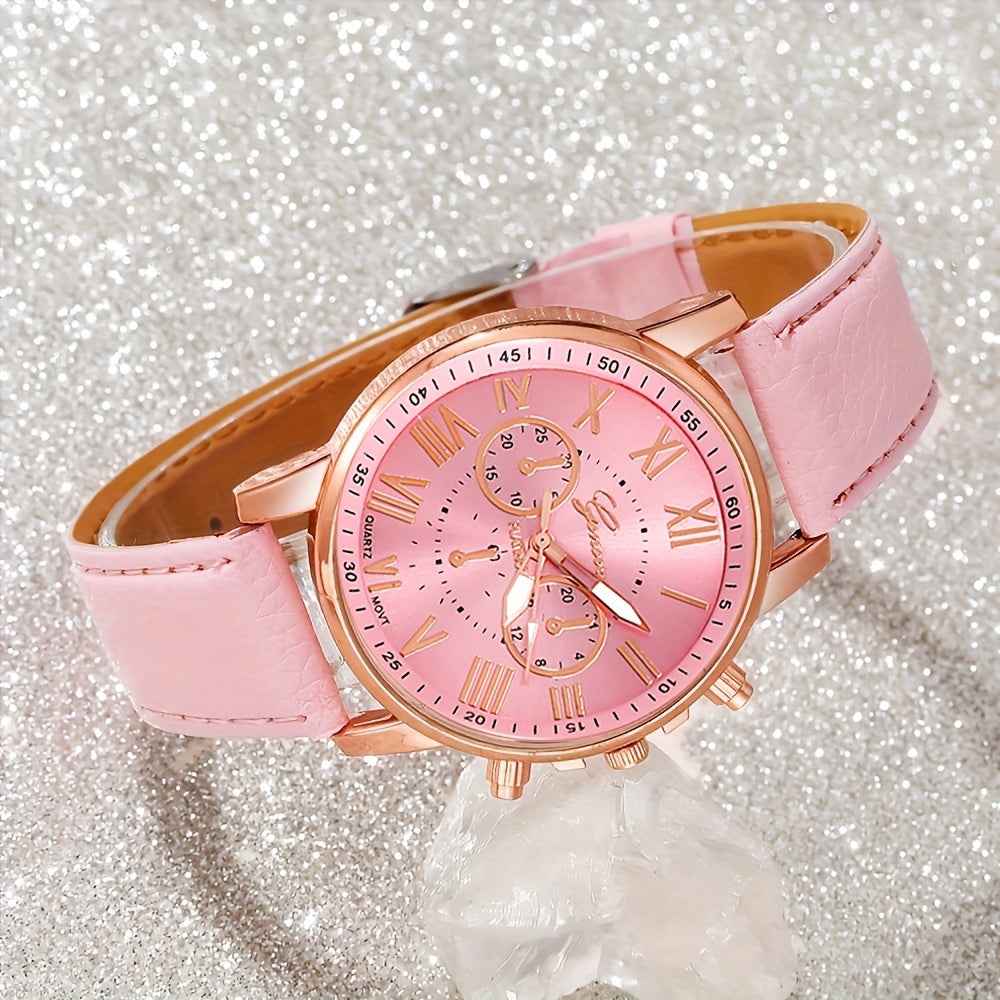 5pcs/Set Elegant College Style Women's Quartz Watch Set, PU Leather Strap Watch+Jewelry Set, Suitable for Daily Use or Gift Giving, Suitable for Wearing Throughout the Year