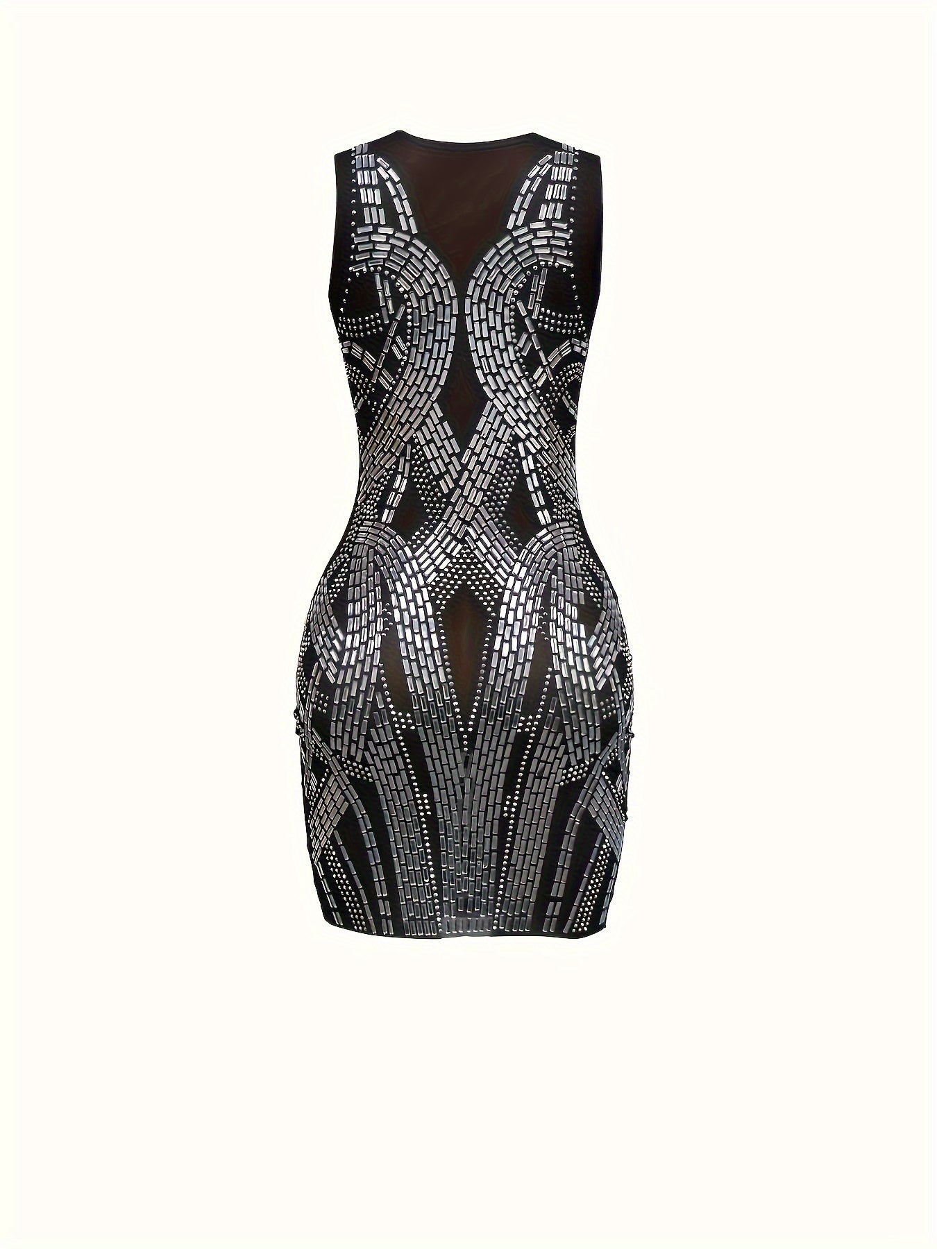 Rhinestoned Crew Neck Mesh Tank Dress, Sexy Sleeveless Bodycon Dress For Club & Party, Women's Clothing