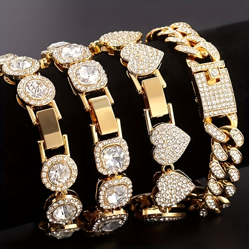 4pcs Set Golden Bracelet Women Girls Silvery Cluster Tennis Bracelet Women Heart Round Cuban Bracelet Layered Link Bracelet Set Fashion Jewelry Women Girls Gift Set