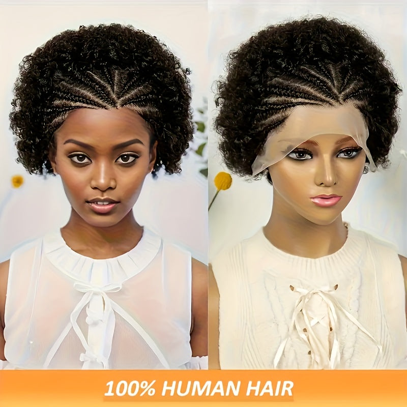 200% Density Short Wig Kinky Curly Human Hair Wig 13x4 Short Afro Kinky Curly Braided Lace Wigs Hand-Braided Box Braids With Short Curly Style Daily Wear & Festival Hair Wig