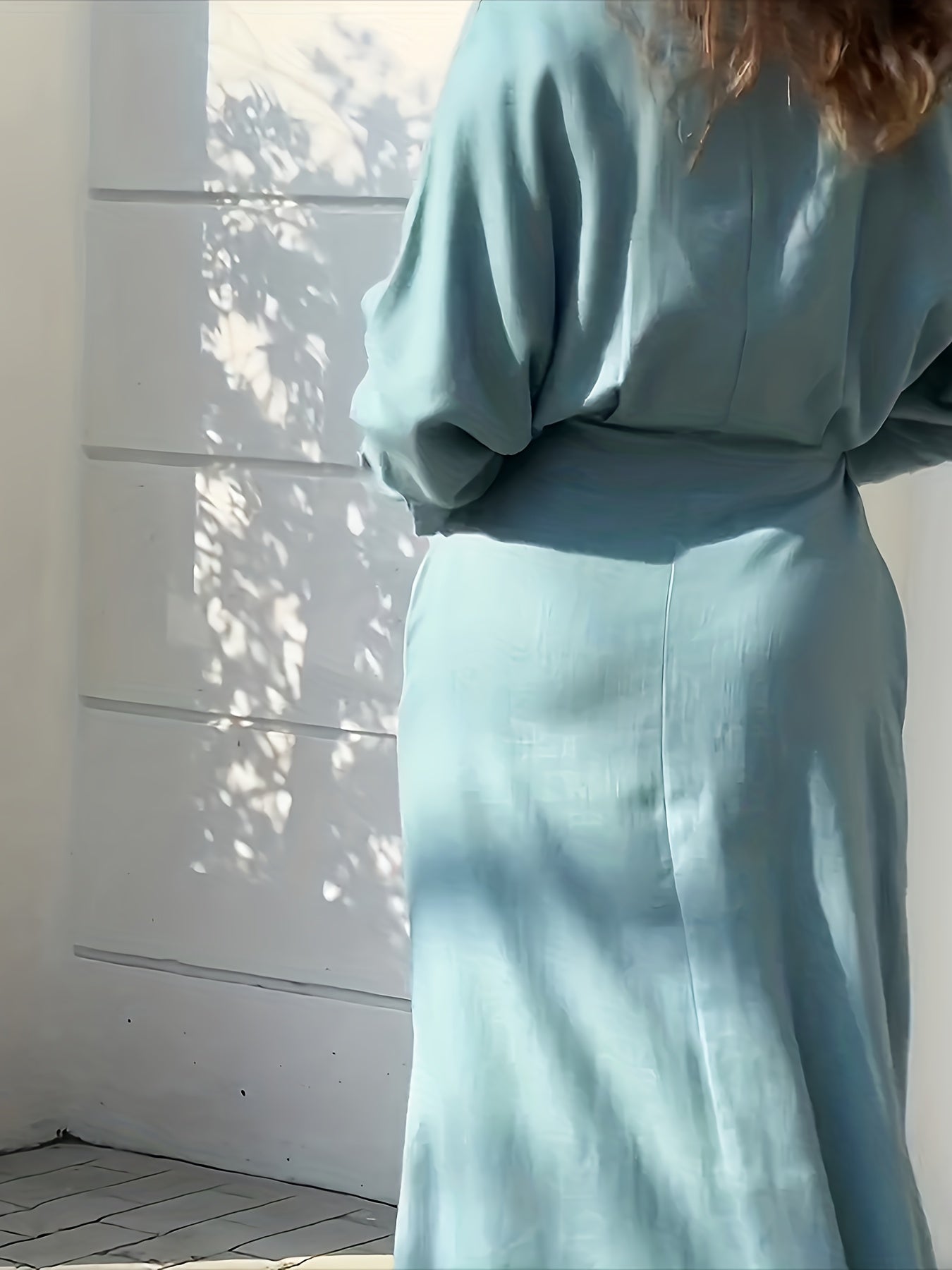 Split Hem V Neck With Pocket Dress, Elegant Long Sleeve Dress For Spring & Fall, Women's Clothing