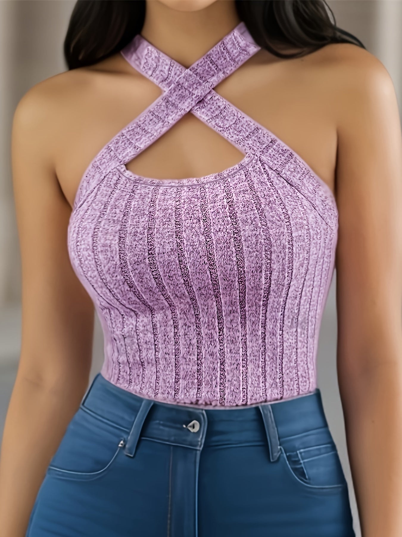 Solid Color Cross Halter Top, Versatile Sleeveless Slim Simple Top For Summer, Women's Clothing