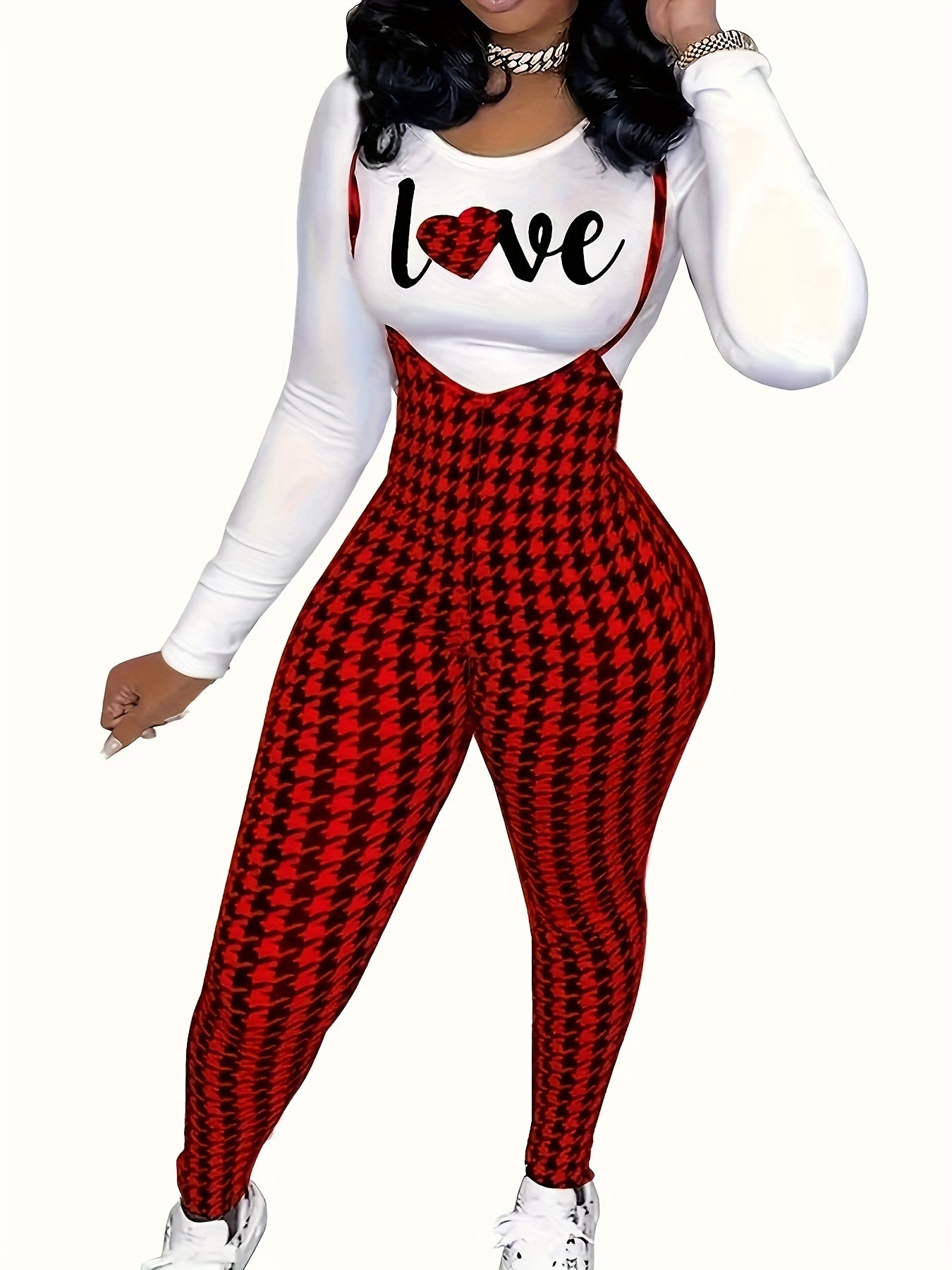 1pc Women's Sexy Houndstooth Pattern Jumpsuit, Polyester Knit Fabric with Elastane, Collarless Design, All-Season Fashion Pants, European And American Style, Geometric Pattern, Halter Neck