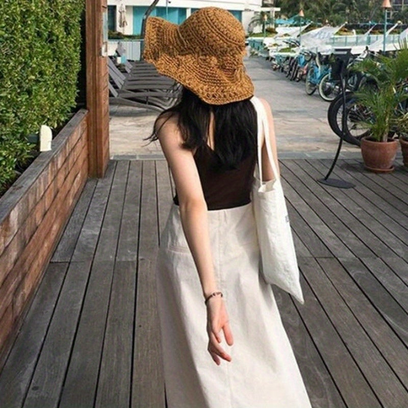 2pcs Handmade Linen Sun Hats for Women, Summer Beach Straw Hat with Wide Brim, Artistic Fresh Outdoor Foldable Sun Protection Cap, All-Season Inelastic Weave, Hand Wash Only, Beach Sun Protection | Natural Style Hat | Texture