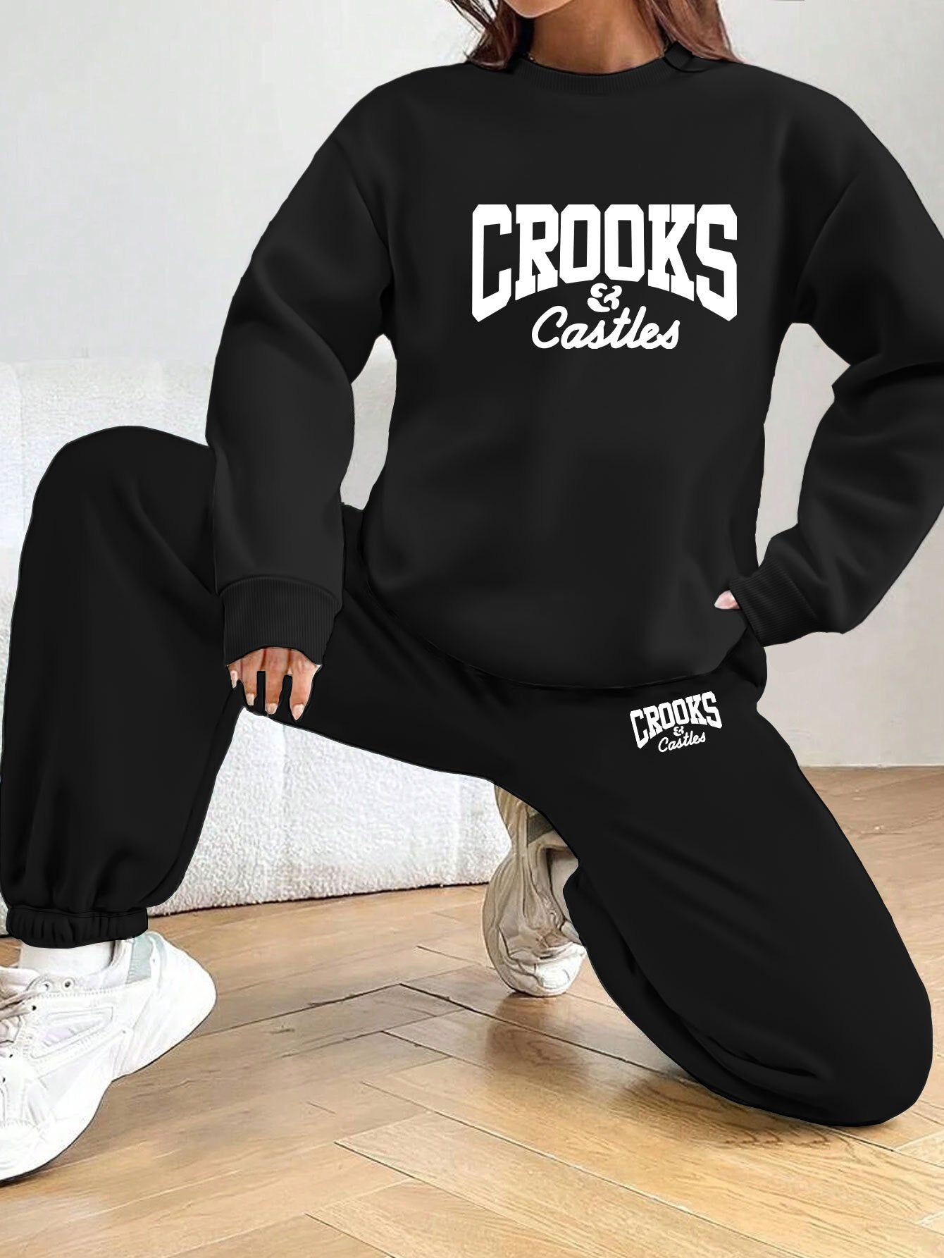 Women'S Casual Stylish Geometric Letter Pattern Printed Pullover And Sweatpants Set - Long Sleeves, Round Neck, Polyester Blend, Perfect Choice for Autumn And Winter.