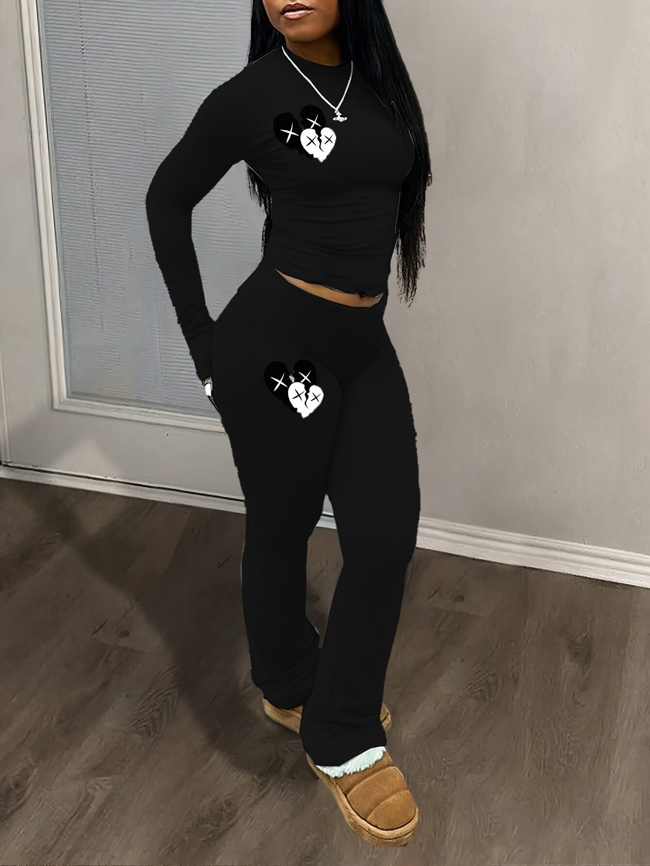 Autumn and Winter Fashionable Slim Fit Printed Long Pants and Long Sleeve Two-Piece Set