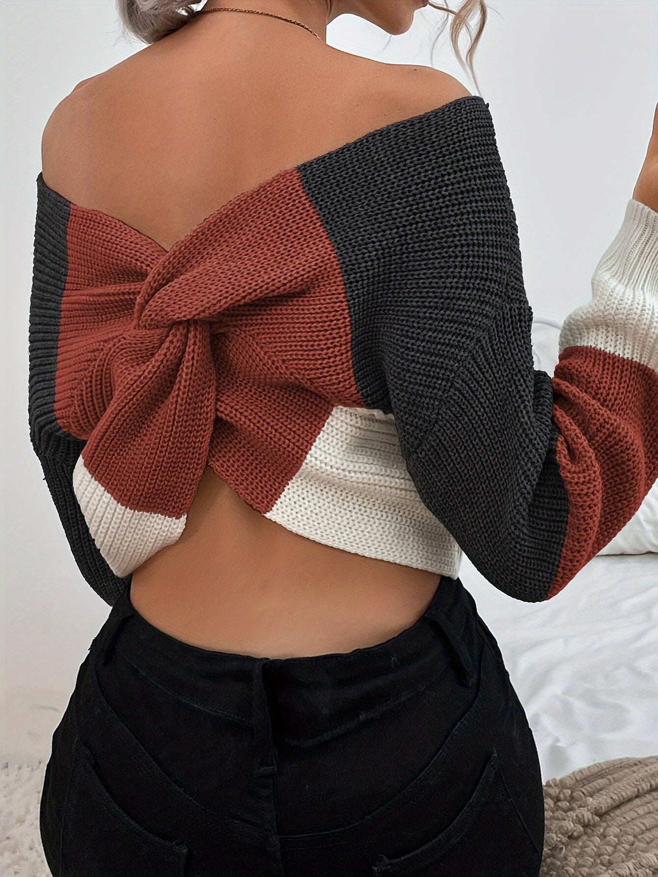 Off Shoulder Back Twist Sweater, Stylish Color Block Loose Long Sleeve Pullover Sweater For Winter & Fall, Women's Clothing