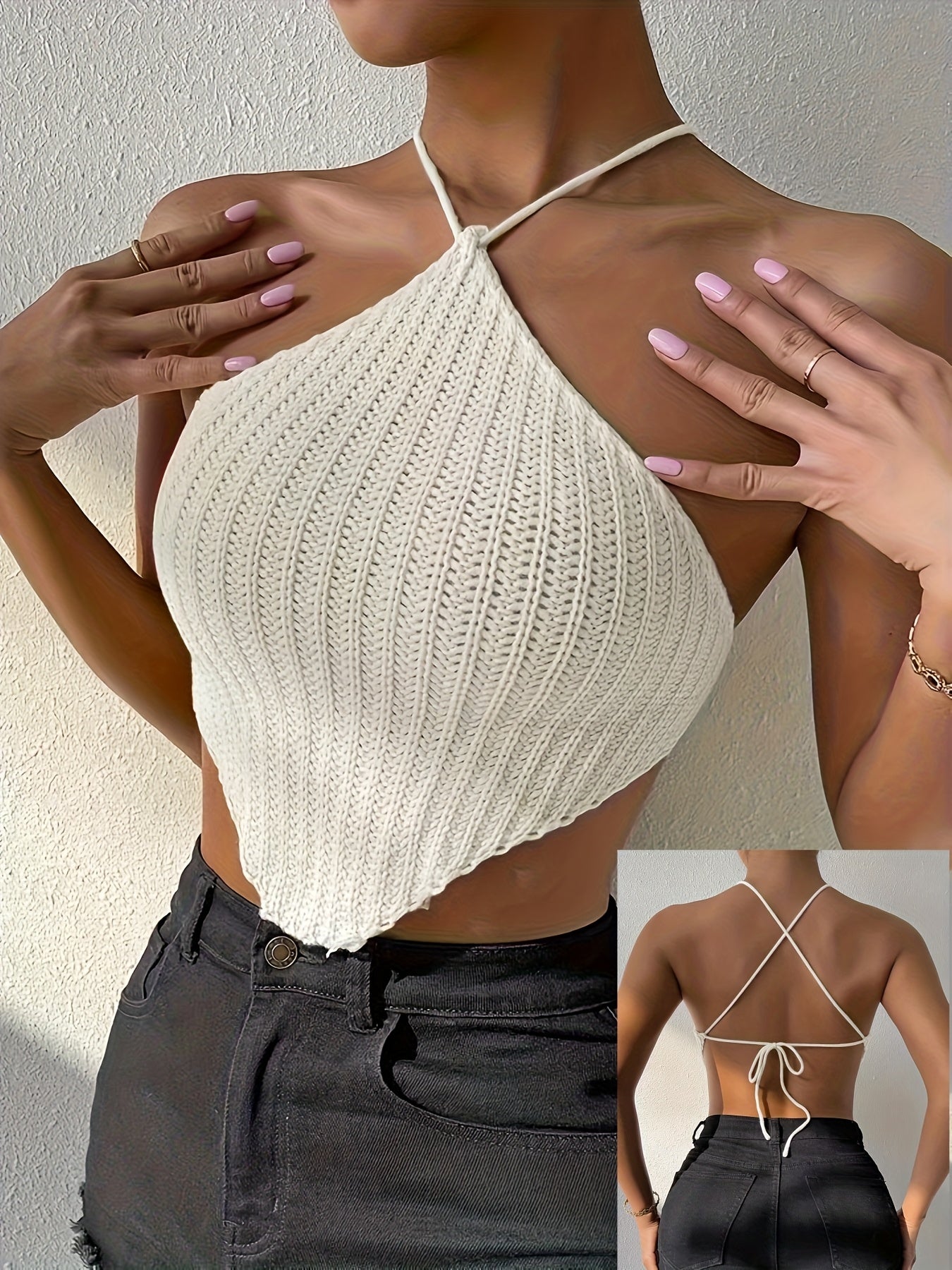 Solid Halter Neck Knit Top, Elegant Backless Hanky Hem Top For Spring & Summer - Women's Clothing - Soft & Breathable Knit Fabric - Perfect for Casual & Party Occasions - Ideal Gift for Women
