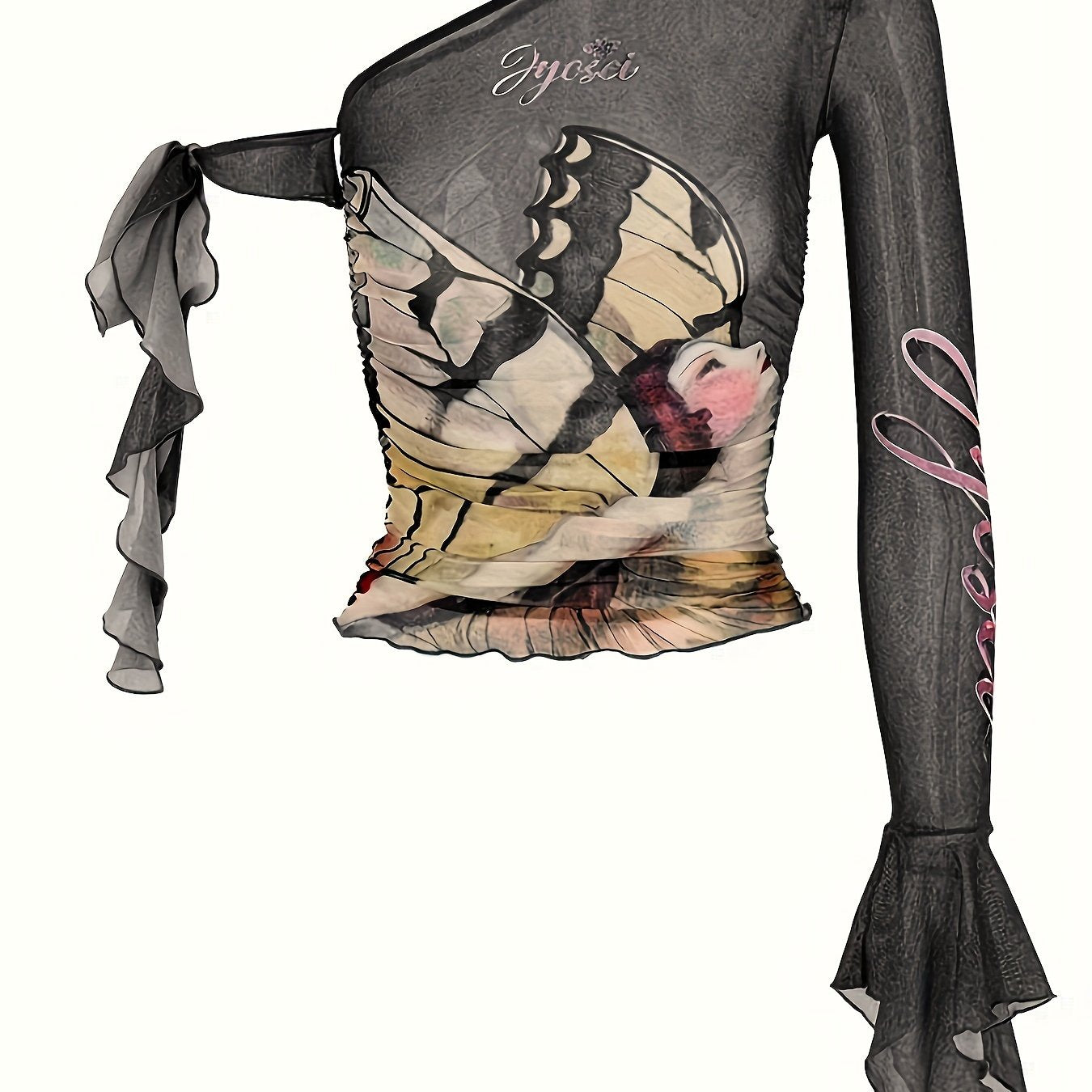 Figure Print Ruffle Trim Asymmetric T-shirt, Y2K Sheer Mesh Long Sleeve Top, Women's Clothing