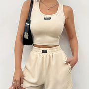 2pcs set, Women's home wear pajama suit, sleeveless vest with letter label, shorts with elastic waist and pocket stickers, suitable for summer home and outdoor leisure