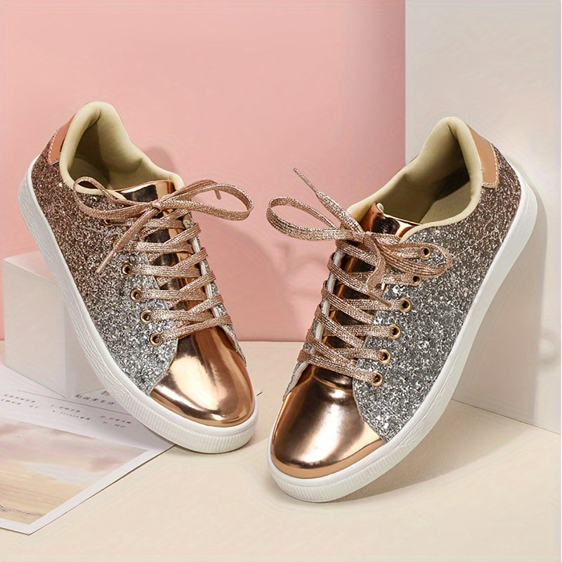 Women's Glitter Sneakers - Casual Athletic Flat Shoes, Fashionable Low Top Lace-up Fashion Skate Shoes - Plus Size - For Women - Suitable for Casual Wear, Sports & Parties - Perfect Gift for Fashionable Women