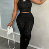 Women's Chic Two-Piece Set: Sexy Sleeveless Mesh Crop Top & High-Waist Ripped Leggings - Polyester, Machine Washable, Perfect for Spring/Summer