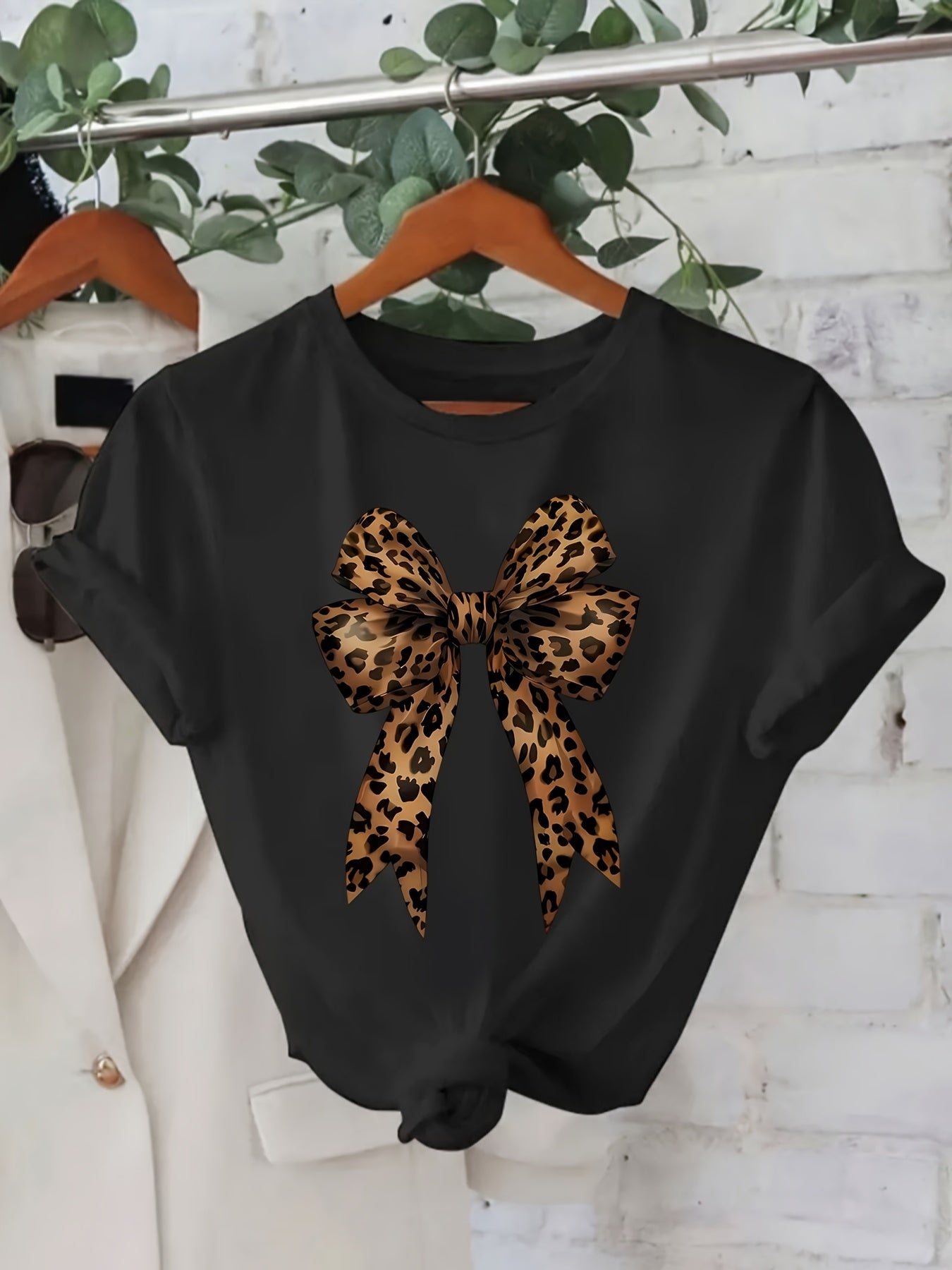 Women's Casual Leopard Print Bowknot T-Shirt - Short Sleeve, Round Neck, Soft & Comfortable Fabric, Perfect for Spring/Summer Fashion, Green Graphic Tee with Stylish Bow Design, Casual Wear | Playful Graphic Tee | Stylish Gra