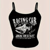 Y2K Style Racing Car Print Crop Top, Sleeveless Spaghetti Strap Tank Top for Women, Summer Letter & Symbol Design, Fashionable & Trendy, No Underwire, Y2K Fashion