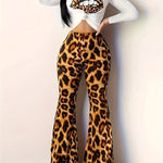 Women's Fashion Leopard Print Flare Leg Pants, 100% Polyester Knit Fabric, High-Waisted Slim Fit Trousers with Bold Animal Print Design, All-Season Wear, Machine Washable, Elegant Middle Eastern Style, Perfect for Casual or C