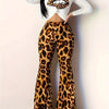 Women's Fashion Leopard Print Flare Leg Pants, 100% Polyester Knit Fabric, High-Waisted Slim Fit Trousers with Bold Animal Print Design, All-Season Wear, Machine Washable, Elegant Middle Eastern Style, Perfect for Casual or C