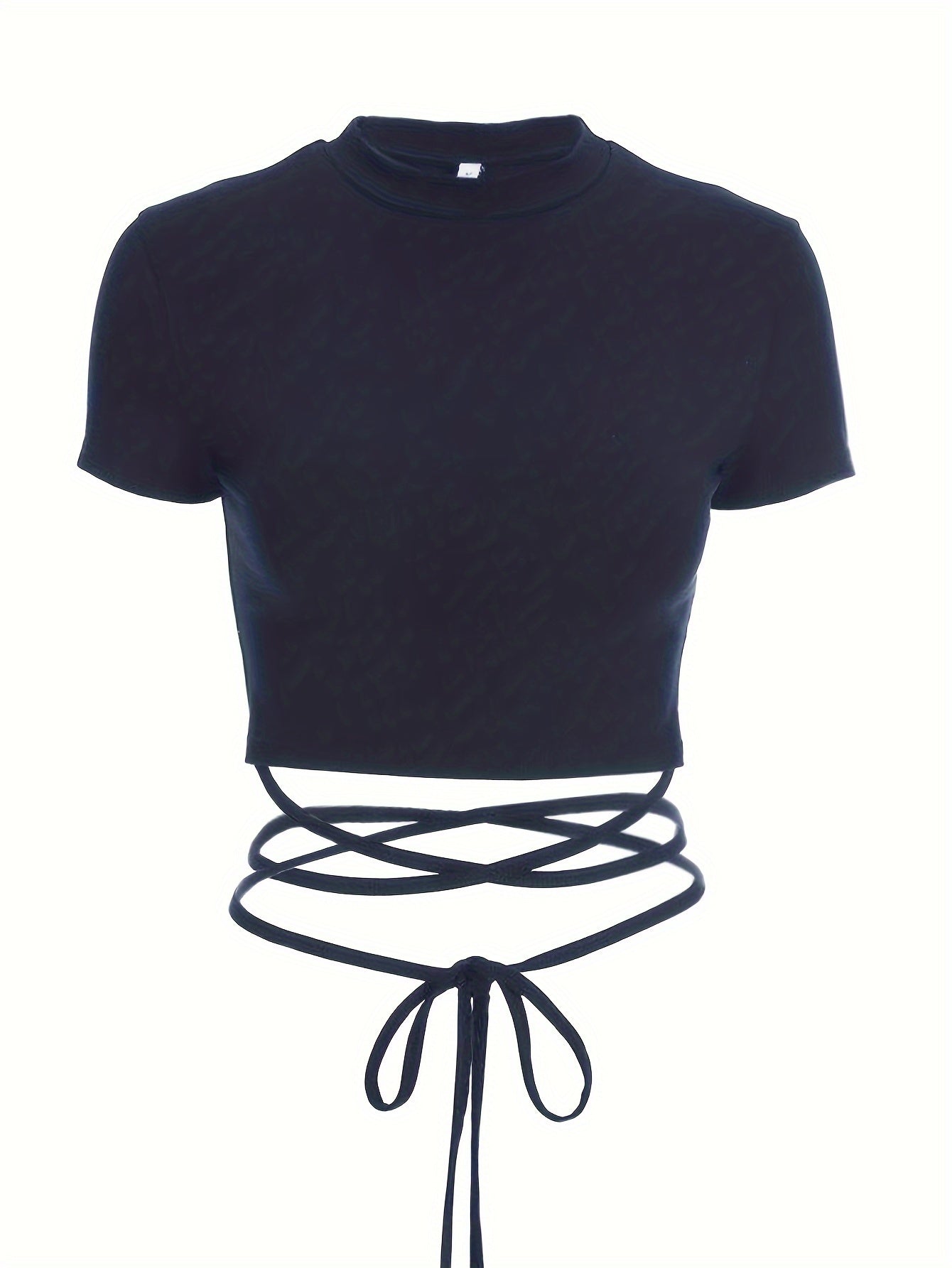 Solid Tie Crisscross Crop T-shirt, Y2K Short Sleeve Mock Neck Slim Top, Women's Clothing