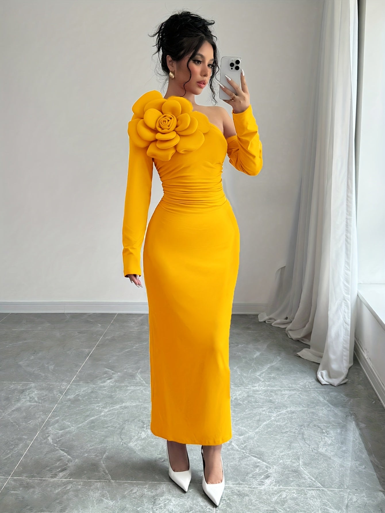 Elegant Off-Shoulder 3D Floral Bodycon Maxi Dress for Women - Ruched Waist, Long Sleeve, Solid Color Yellow, Polyester Blend, Machine Washable, All-Season Wear