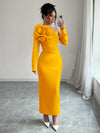 Elegant Off-Shoulder 3D Floral Bodycon Maxi Dress for Women - Ruched Waist, Long Sleeve, Solid Color Yellow, Polyester Blend, Machine Washable, All-Season Wear