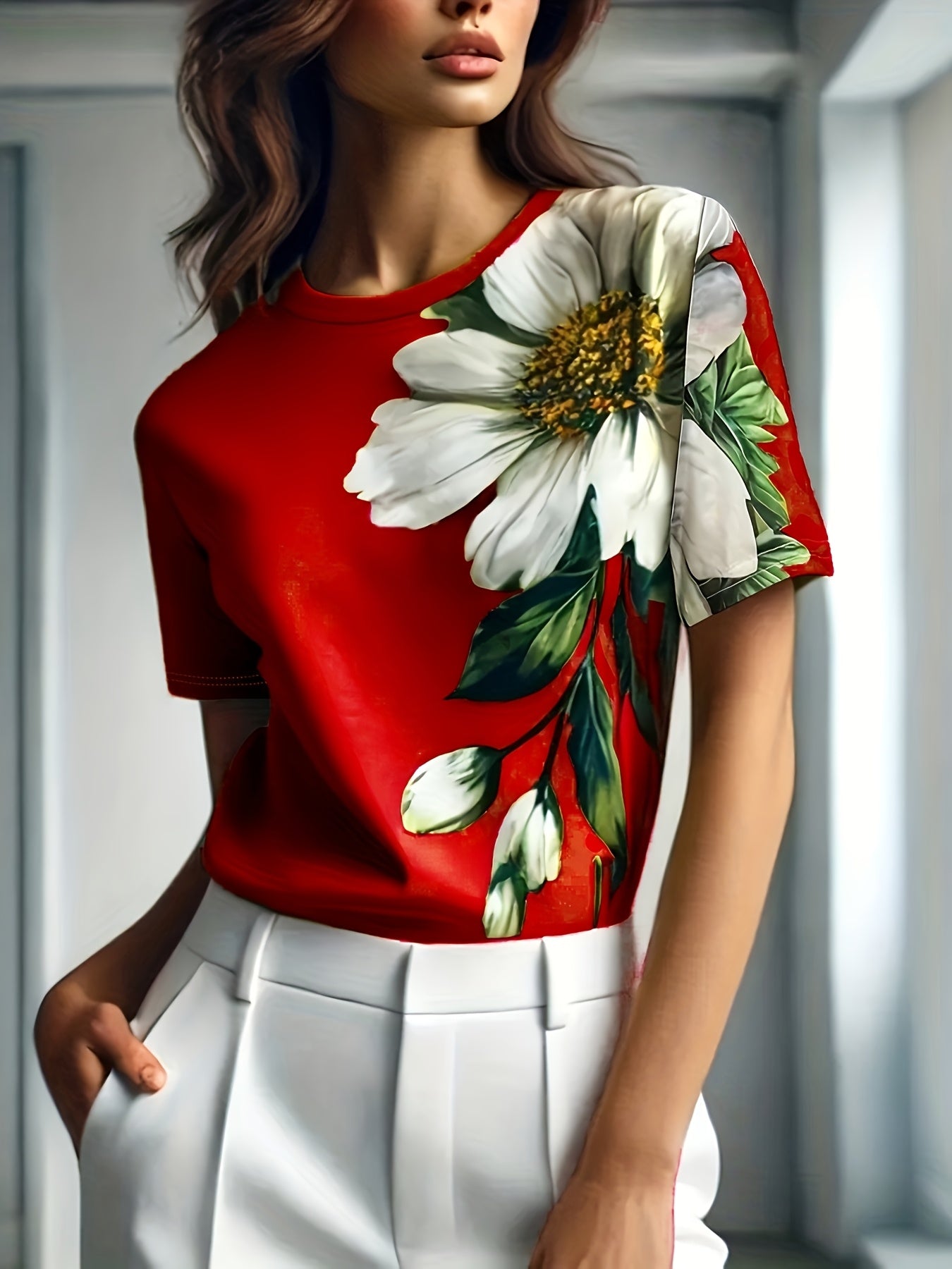 Women's Elegant Floral Print Short Sleeve T-Shirt - Bright Red with White Daisies and Green Leaves, Breathable Spring/Summer Casual Top | Floral Casual Tee | Comfort Fit, Women's T-Shirt