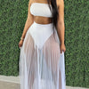 Women 3 Piece Swimsuit Set, Bandeau Bikini And Fishnet Hollow Out Beach Maxi Dress Cover Ups Party Skirts, Clubwear Set, Women's Clothing