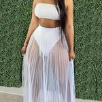 Women 3 Piece Swimsuit Set, Bandeau Bikini And Fishnet Hollow Out Beach Maxi Dress Cover Ups Party Skirts, Clubwear Set, Women's Clothing